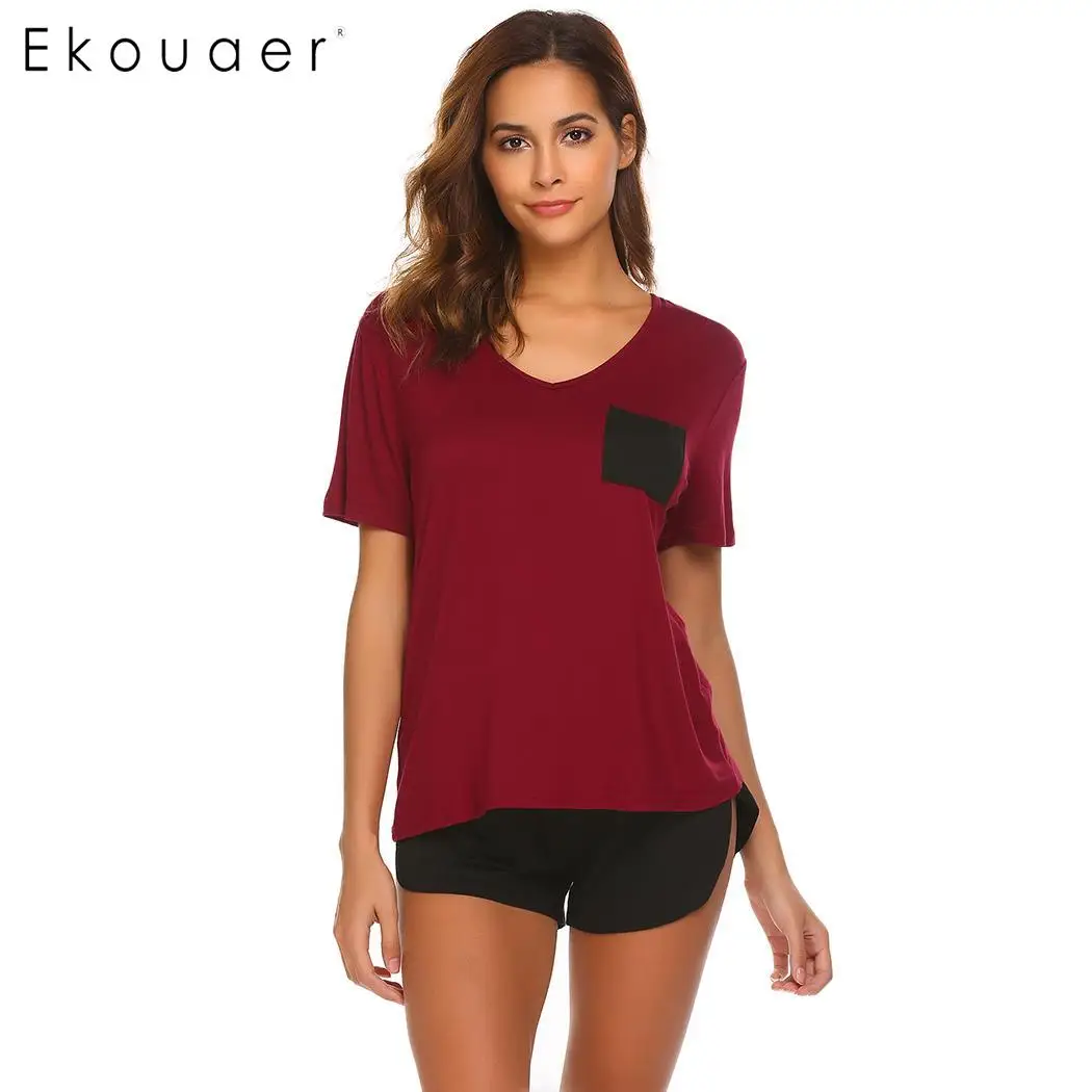 Ekouaer, женская одежда для сна, хлопковые Пижамные комплекты, спандекс, короткий рукав, пижама, рубашка, короткий комплект, летние женские ночные рубашки, одежда для сна, костюмы