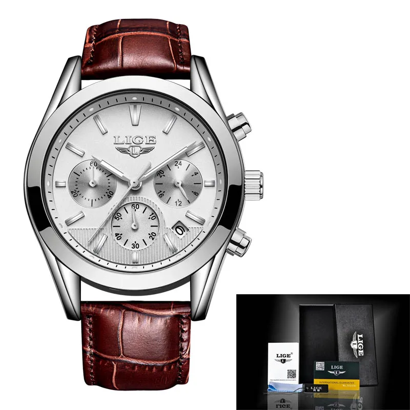 Silver white L Relojes Hombre LIGE мужские часы Лидирующий бренд Роскошные коричневые кожаные деловые кварцевые часы мужские военные спортивные водонепроницаемые часы - Цвет: Silver white L
