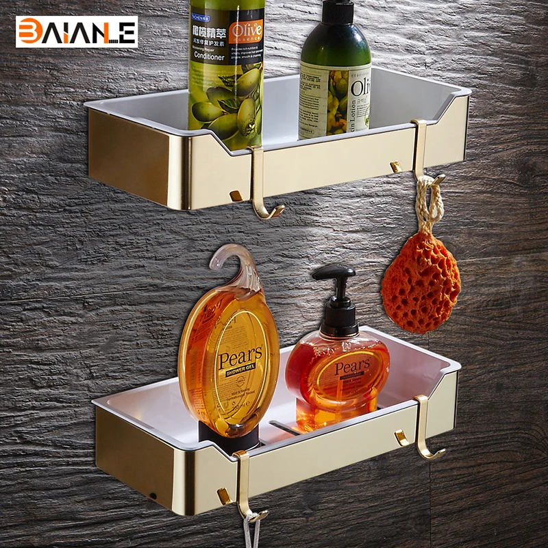 

Wall Mount Stainless Steel + ABS Plastic Gold Bathroom Shelves Brushed Nickel Rectangle Shower Caddy Rack Bath Accessories