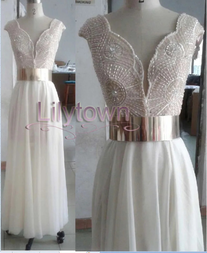 Шифоновые Свадебные платья с глубоким V образным вырезом вышивкой и золотым