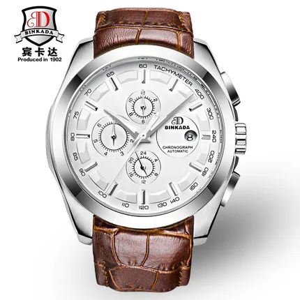 Leather white BINKADA автоматические механические часы многофункциональные полностью стальные водонепроницаемые светящиеся мужские роскошные часы известного бренда relogio - Цвет: Leather white