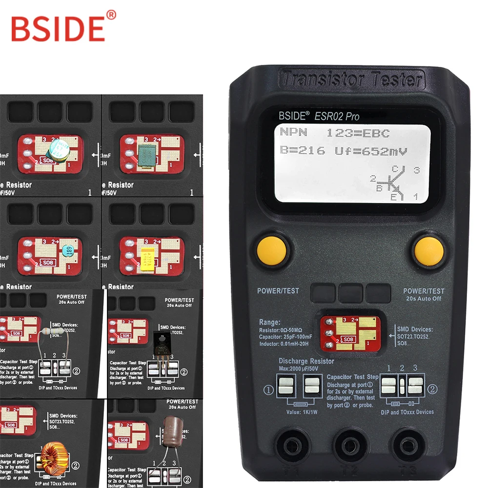 Цифровой транзистор BSIDE ESR02PRO тестер компонентов SMD мультиметр емкости диода