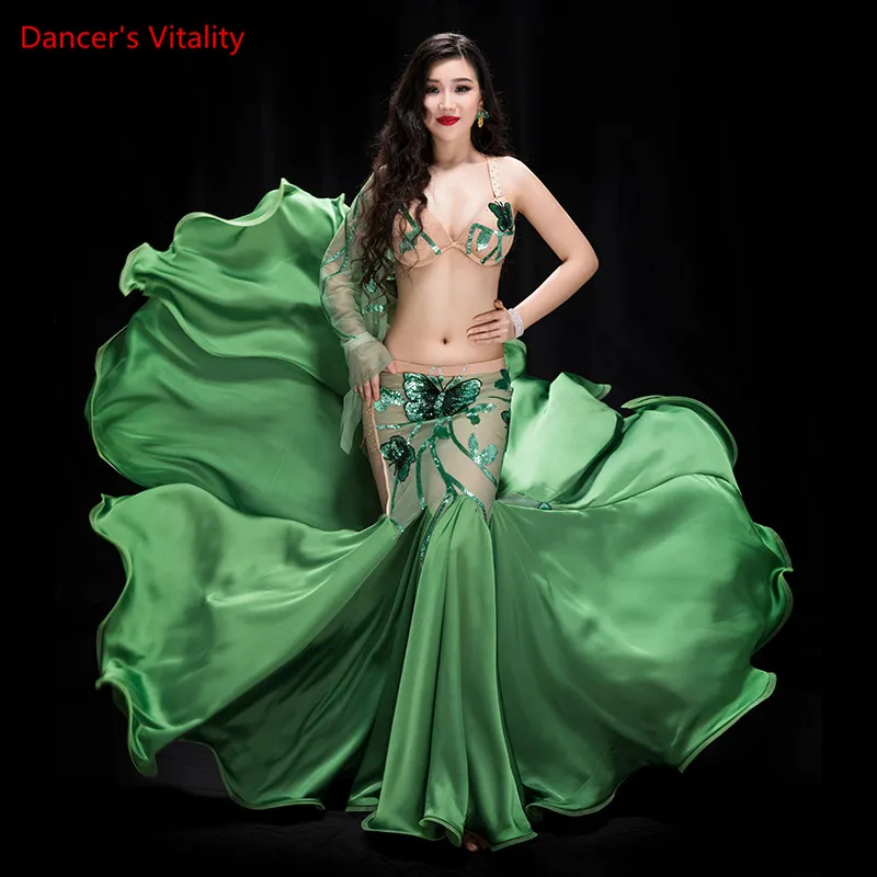 Women Lady Belly Dance Single Sleeve Bra Perspective Skirt Set Competition Performance Clothes Girls Indian Oriental Dancewear |