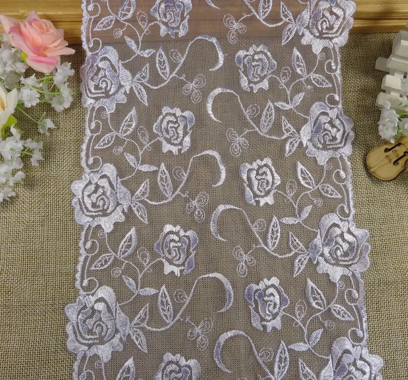

(5 yards/lot) mesh lace white rose flower soft nylon+cotton embroidered lace trimming fabric for wedding dress 20cm wide