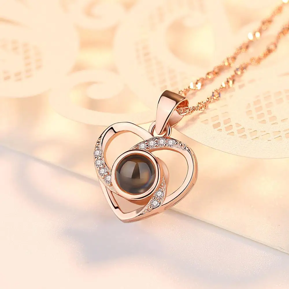rose gold color Amxiu на заказ, 100 языков, Ожерелье I Love You, 925 Серебряная цепочка в форме ключицы, ожерелье с подвеской в виде сердца, Женские Ювелирные изделия, подарок на день Святого Валентина - Окраска металла: rose gold color