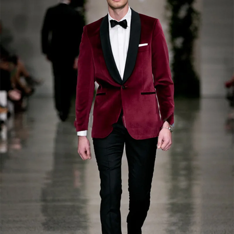 Red velvet Tailcoat tuxedo jacket men suit Groom Tuxedos Groomsmen dress wear to wedding Bridegroom Prom Suits(Jacket+Pants+Tie)