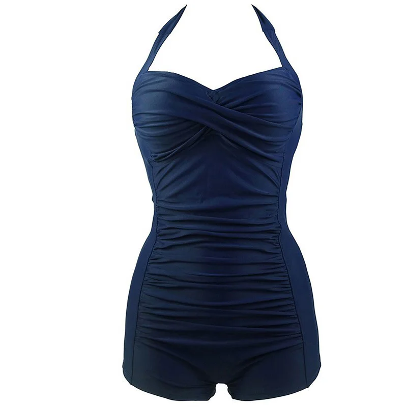 

Newest Swimwear Women One Piece Halter Monokini Padded Bra Boxer Swimsuit Solid Beachwear Plus Size Sportswear M To 4XL