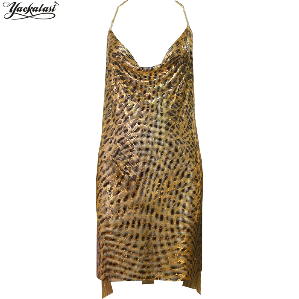 Женское платье на бретельках YACKALASI Клубное ажурное с принтом Lepoard металлической