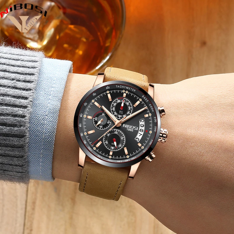 Модные мужские часы кварцевые с секундомером кожаный ремешок деловые наручные