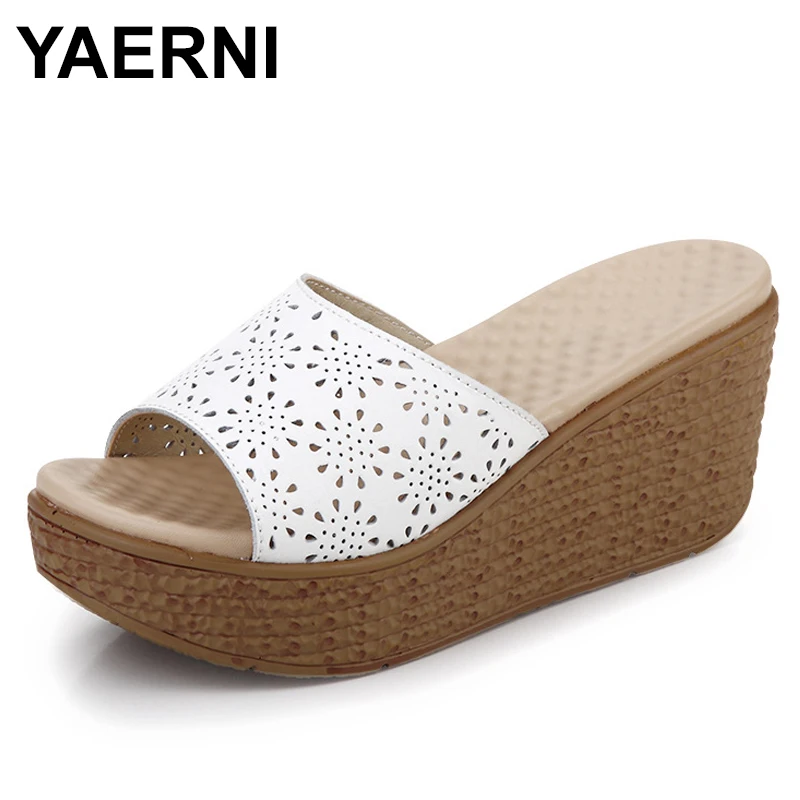 

YAERNI Summer Slippers Shoes Woman 2019 Hollow cut High Heel Flip Flops platform Wedges Women Outdoor Flat Beach Slides Sandals