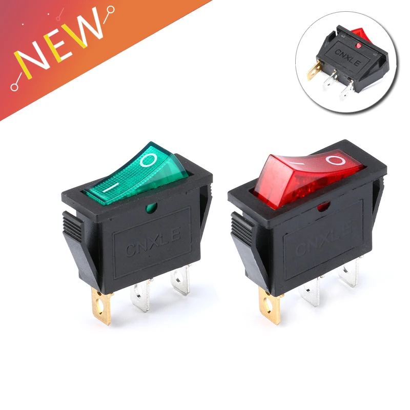 5 шт., KCD3 3-контактный рокерный переключатель, 16 А/250 В, зеленый, красный свет, 16 А/20 А 250 В/125 В переменного тока