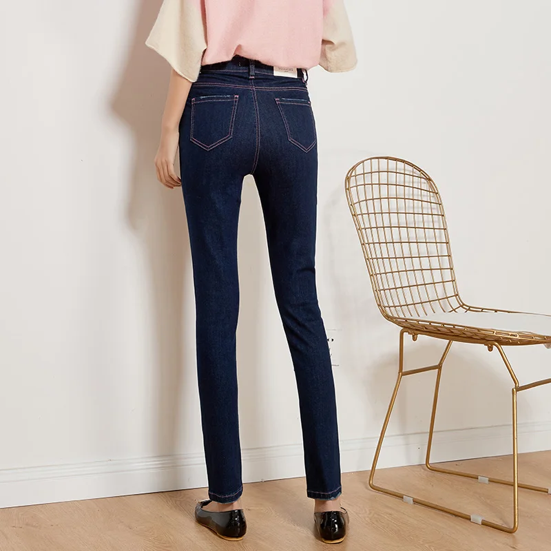 Женские джинсы карандаш LEIJIJEANS повседневные темно синие с высокой талией на флисе