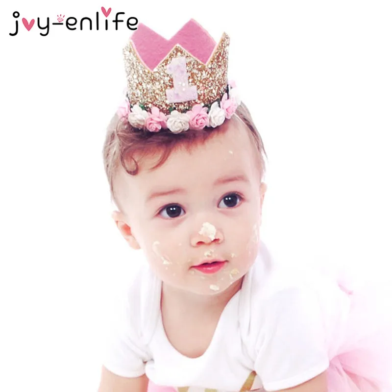 JOY-ENLIFE цветок корона головная повязка для новорожденных золотой день рождения корона От 1 до 3 лет Номер Priness стиль праздничный колпак аксессуары для волос новорожденного