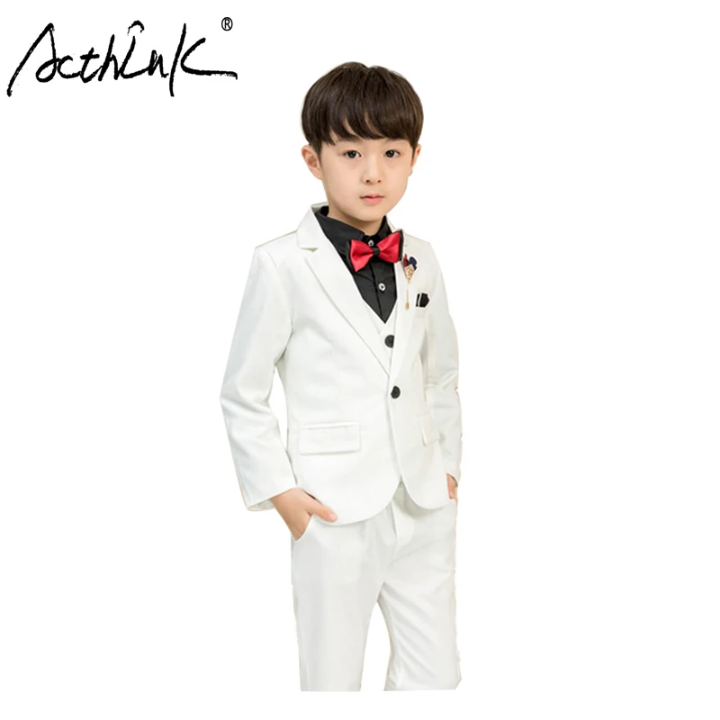 

ActhInK Hot Sell 3Pcs Boys Blazer Suit Kids Wedding Suit With Bowtie Teenage Boys Ceremony Suit Kids White Blazer