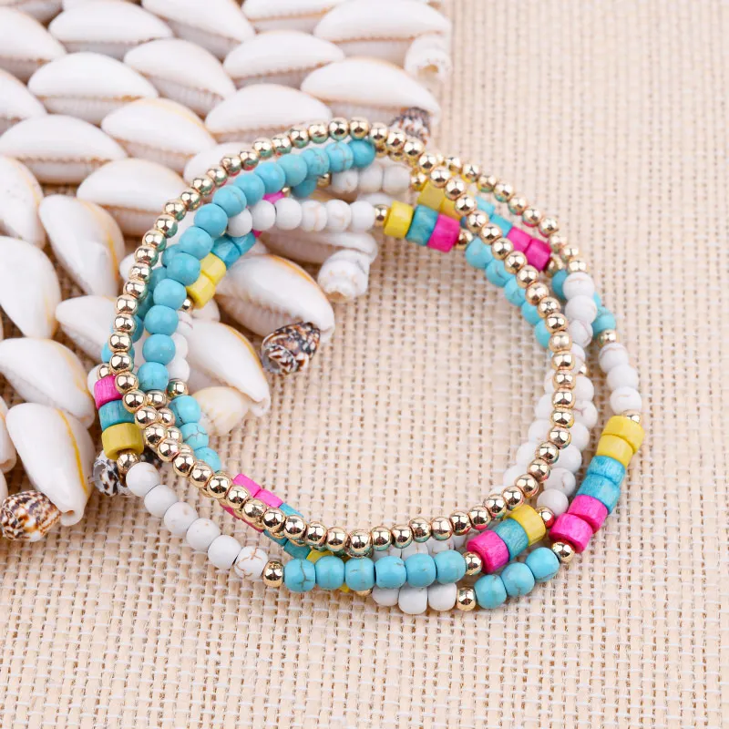 4 Pcs/Set Multilayer Elastic Casual Womens Bracelets Cute Tiny Natural Turquoises Stone Plastic Beads Femme BCSET291 | Украшения и
