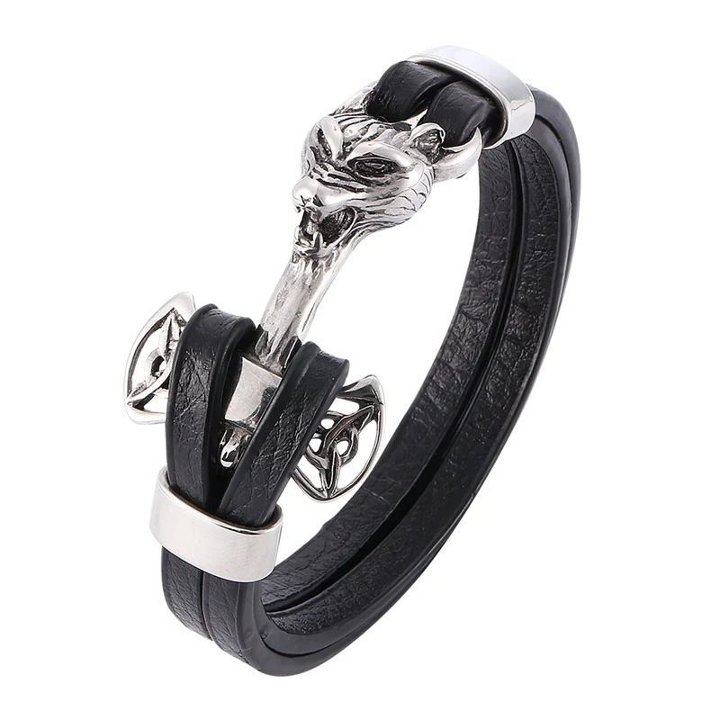 

Newest Men Trendy Jewelry Black Leather Bracelet Stainless Steel Wolf Head Bracelet Wrap Bracelets for Man Bangle Vintage PW780