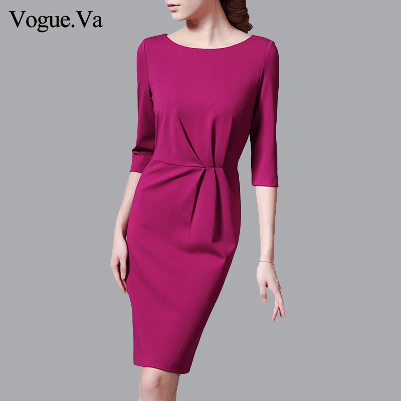 

Spring Autumn Office Lady Work Wear Dress Elegant Fashion O-neck Three Quarter Sleeve Slim Brief Solid Women Pencil Dresses