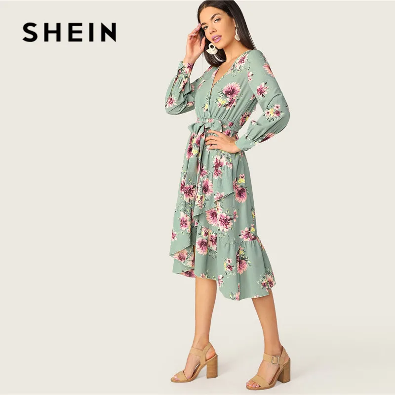 SHEIN Асимметричное Платье С Глубоким Вырезом И Длинным Рукавом Летнее Винтажное Платье С Цветочным Принтом
