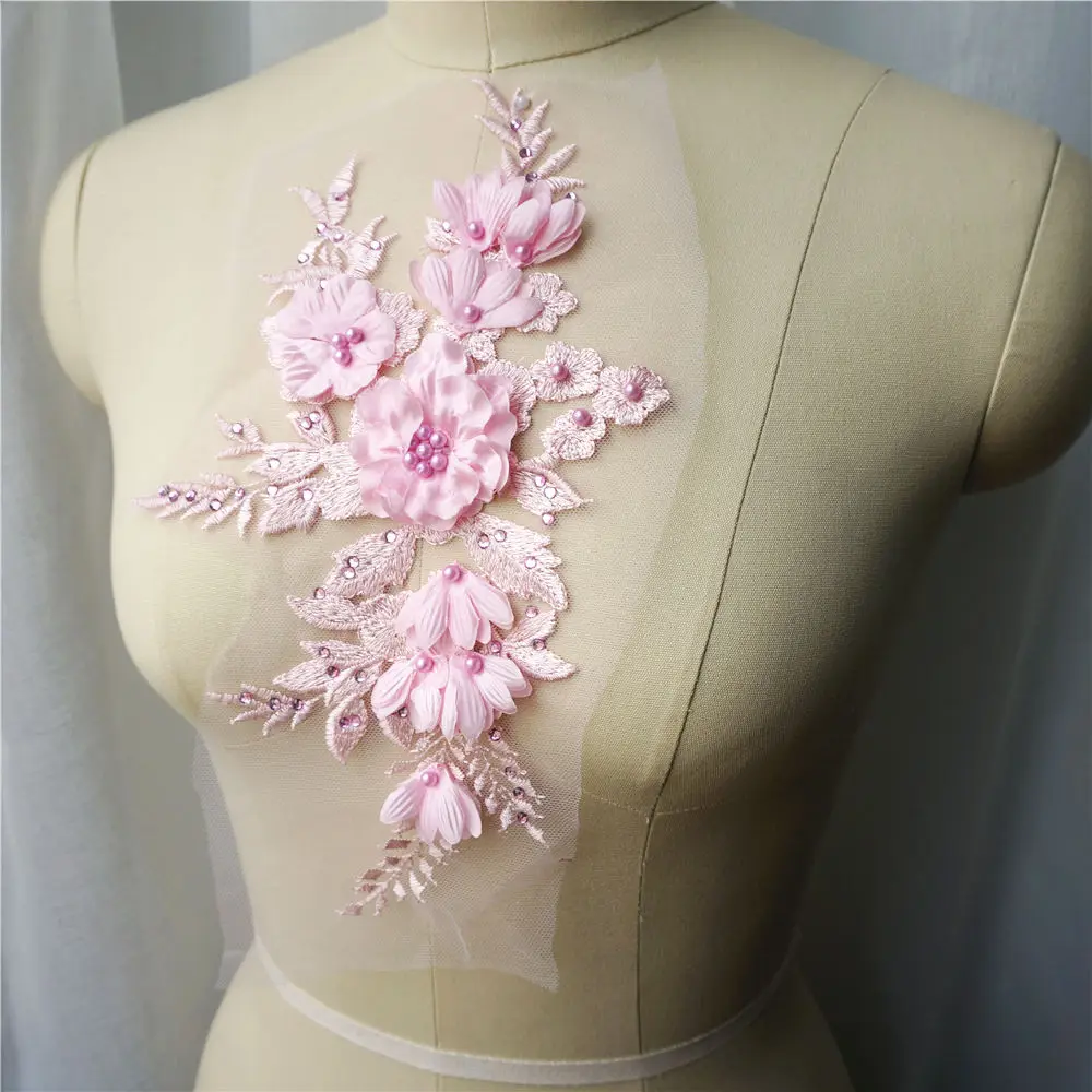 Розовые 3D Цветы стразы аппликации вышитые свадебные платья украшения сетчатые