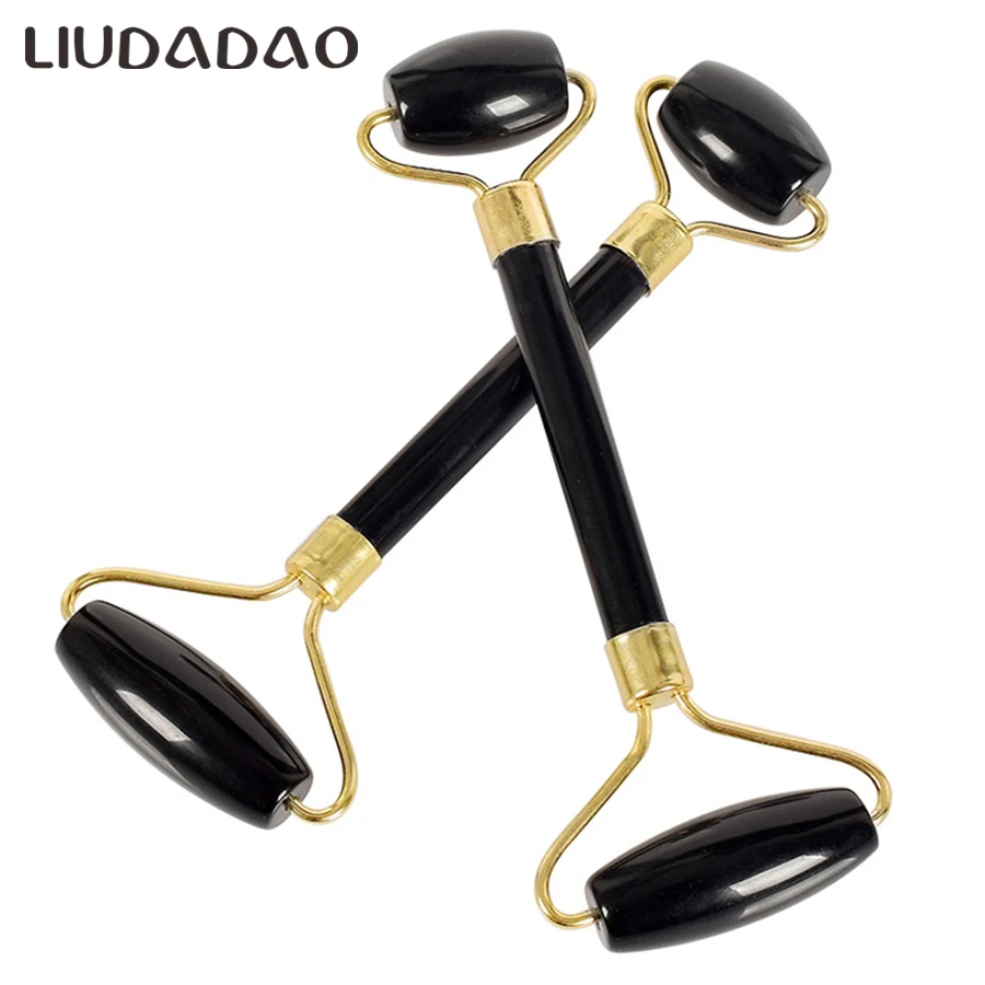 Массажер для лица из черного обсидиана с нефритовыми роликами и камнем Guasha Jade