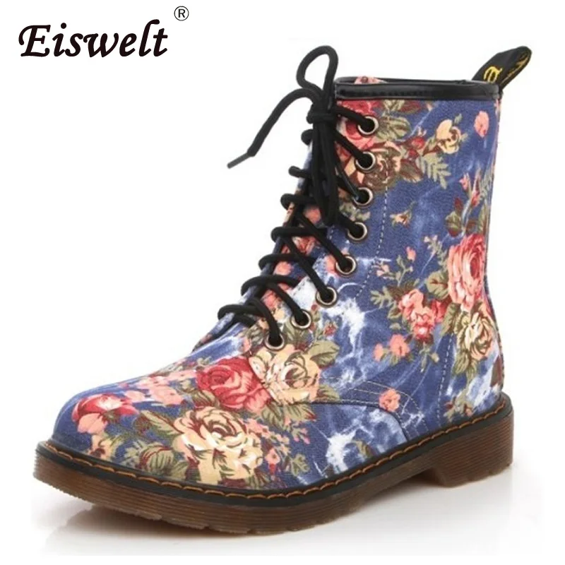 

EISWELT Woman Martin Boots Fashion Flower Shoes Lace Up Motorcycle Oxfords Flats Ankle Boots for Women Flat with Autumn Winter
