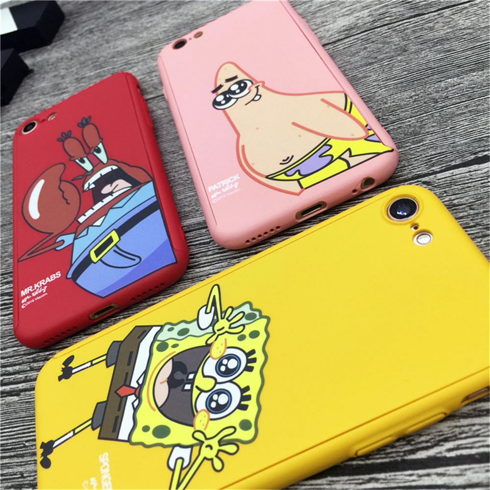 360 Full Protective Cover Phone Case + Glass For iPhone XR XS MAX 7 8 6 6S Plus Back SpongeBob Patrick Star |