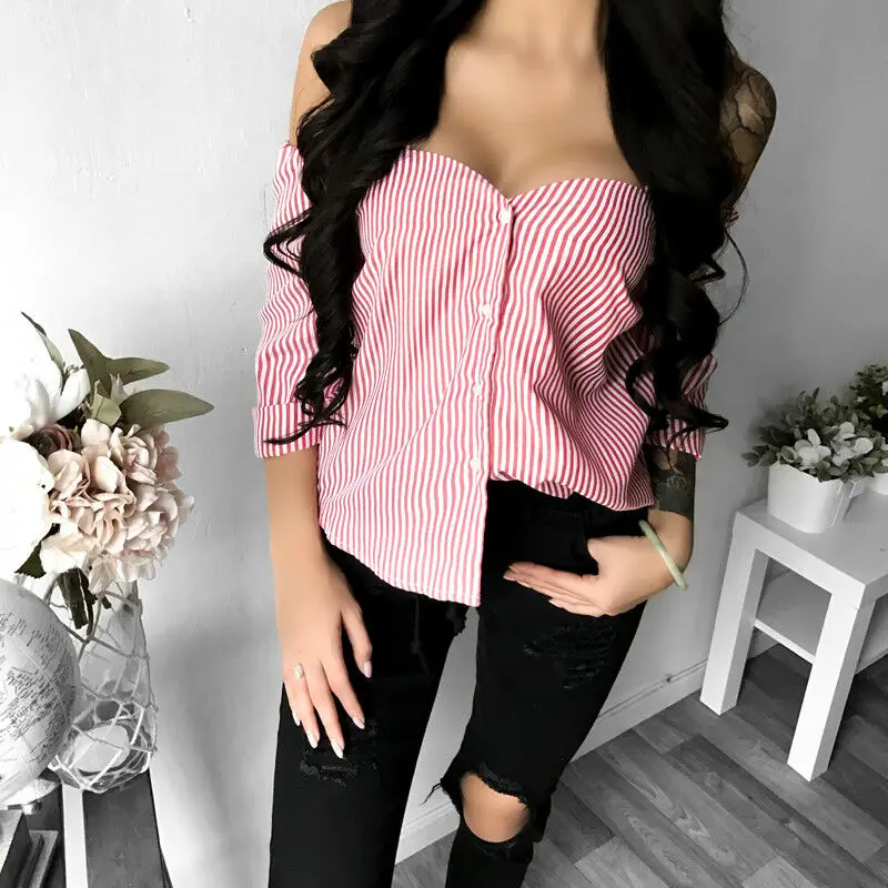 

Fashion Women Striped Blouse Off Shoulder Ladies Summer Long Sleeve Shirt Loose Casual Blouse Tops And Blouses Shirt Camisa