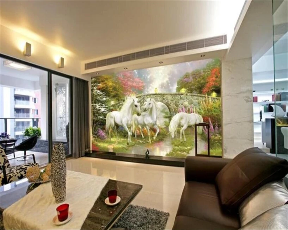 beibehang wall papers home decor Dream personality fashion silk cloth stereo 3d wallpaper fairyland unicorn TV background behang |