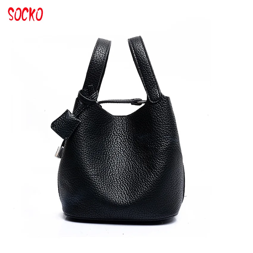 

2017 New fashion women casual bucket bag litchi pure leather handbag female solid shoulder composite bag with hand bag ZL79