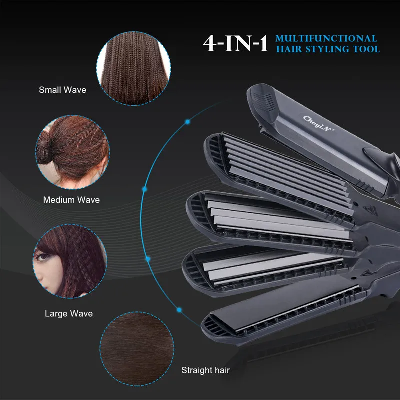 

CkeyiN Interchangeable 4 in 1 Ceramic Hair Curler Crimper Straightener Corn Waver Corrugated Wide Waves Plate Flat Iron Glove