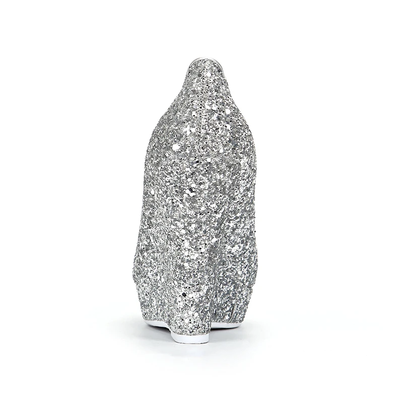 Женские туфли на танкетке серебристые Туфли с круглым носком и блестками размеры