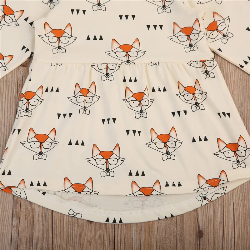 Toddler Baby Girls Dress Princess Cute Glasses Fox Casual Party Round Neck Beige Yellow Long Sleeve Autumn Dresses Clothes | Детская