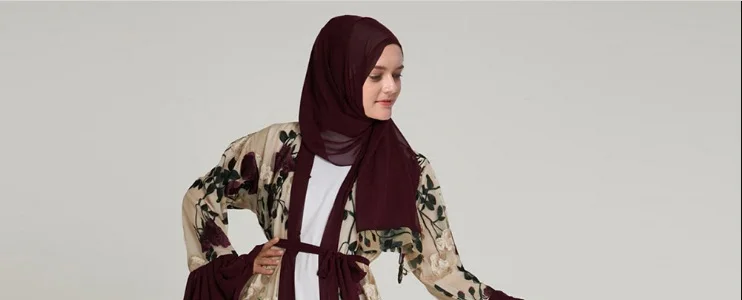 wine red scarf Роскошные мусульманские вышитые цветочные абайя длинные платья с расклешенными рукавами кардиган кимоно длинный халат Туника Ближний Восток Рамадан Арабский исламский - Цвет: wine red scarf