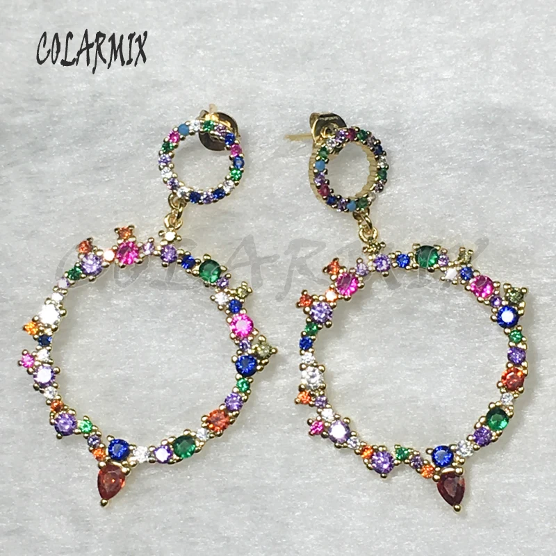 

5 Pairs round dangle earrings rainbow zircon earrings mix colors stone crystal earrings accessories jewels for women 5587