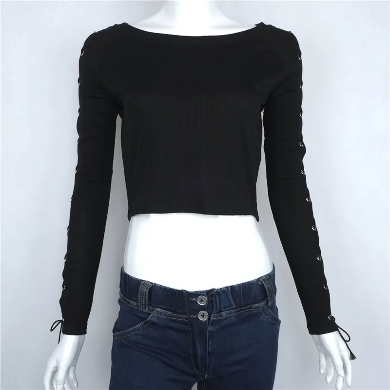 Новинка 2016 женская блузка со шнуровкой и длинным рукавом эротичный вырез женские