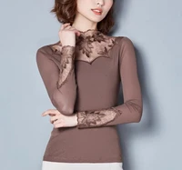 hollow out women spring autumn style lace blouses shirts casual long sleeve patchwork spliced turtleneck blusas tops