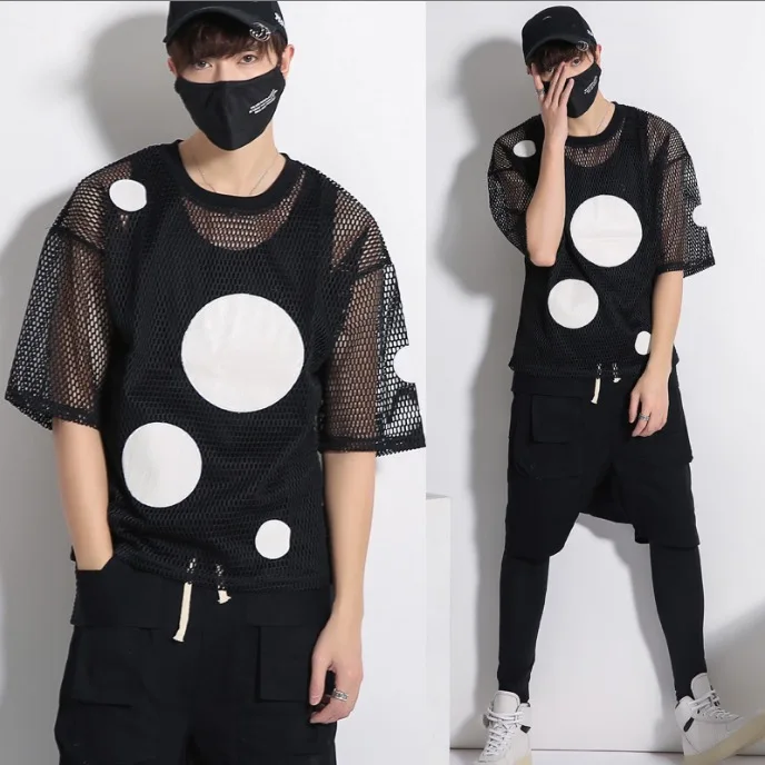 Мужская футболка в горошек с коротким рукавом стильная сеточку графическим