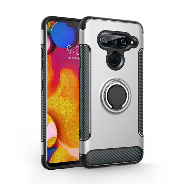 Серебристый Чехол для LG V40 ThinQ армированный чехол-накладка полная защита кольцо магнетизм держатель Телефон задняя оболочка СПС LG V40 ThinQ Coque Funda 6,2" - Цвет: Серебристый