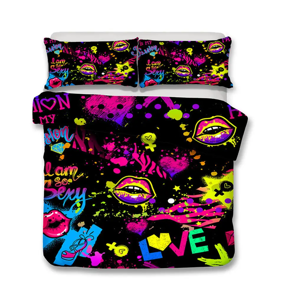 

Thumbedding Dropship Colorful Bedding Sets Lip Printed Twin Full Queen King 3D Duvet Cover Set with Pillowcase
