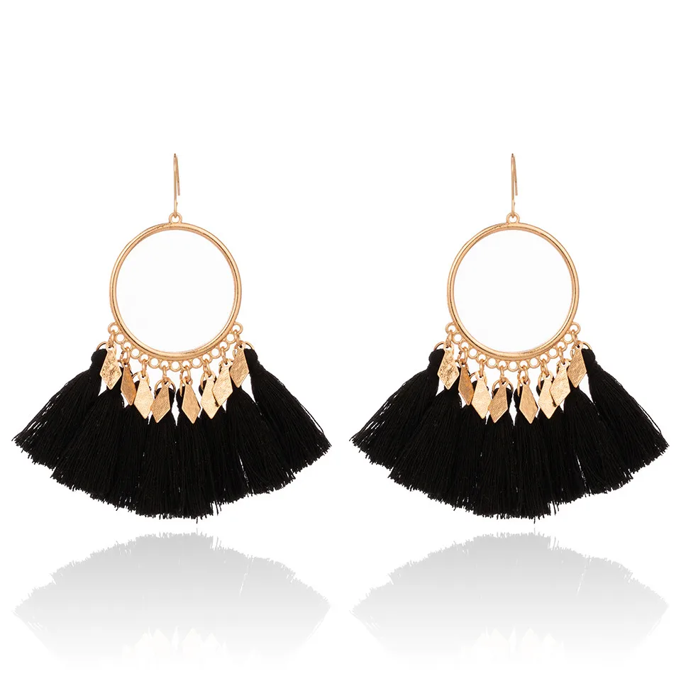 E021372B Boho Серьги Падения Для Женщин Серьги Кисточкой Большое Заявление Vintage Fringe Серьги Мотаться Красный Желтый Черный Зеленый Ювелирные Изделия - Окраска металла: E021372B