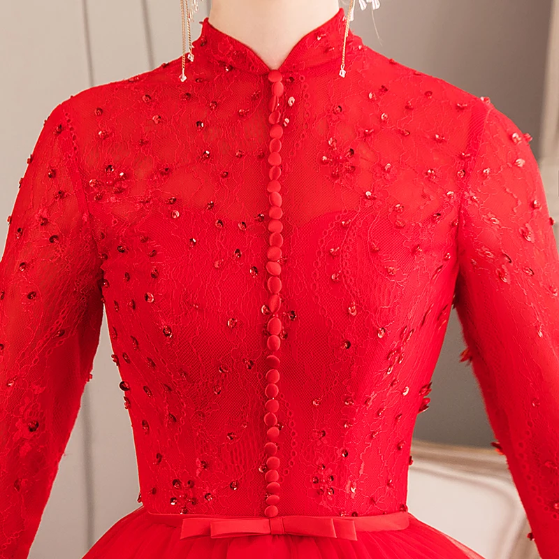 Vestidos De Novia винтажное красное свадебное платье с высоким воротом и длинным рукавом свадебное платье для мусульман бальное платье кружевное свадебное платье
