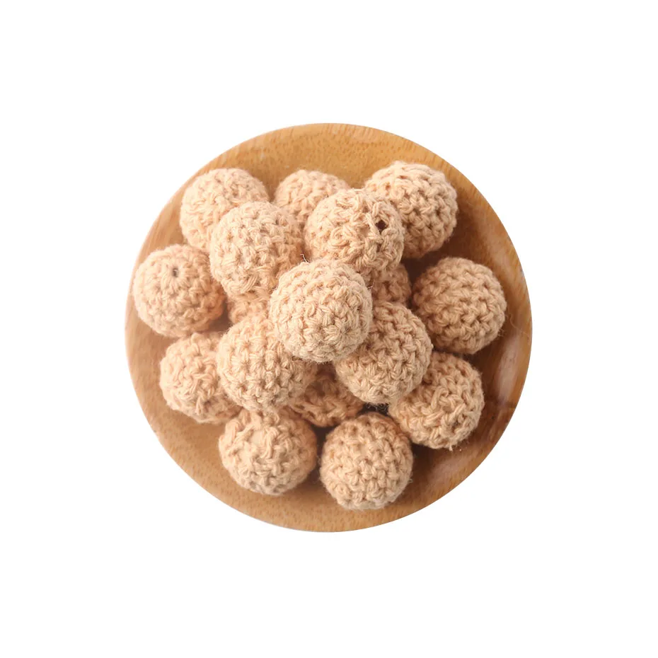 Light Brown 15 шт., 16 мм, Детские Прорезыватели для зубов, вязанные деревянные бусины, хлопковые круглые бусины, Детские Прорезыватели для соски, цепные аксессуары, детские деревянные Прорезыватели для зубов - Цвет: Light Brown