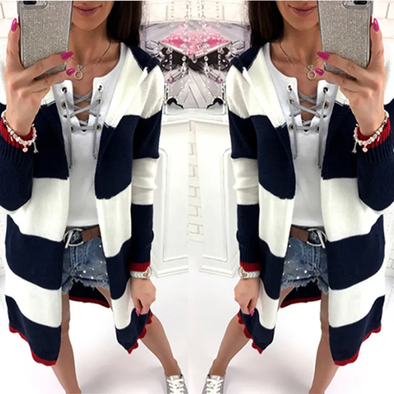 2017 Fashion Contrast Color Striped Long Sleeve Knit Cardigan Casual Women Loose Sweater Patchwork Jacket |