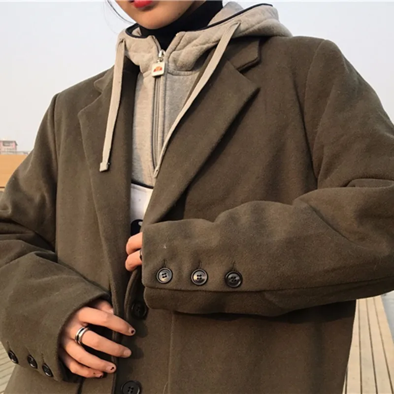 XIZIHUPAN Woolen Coat Female Long Sleeve Turn Down Collar Loose Thick Overcoat Button Solid Colour Top Fashion New Tide | Женская одежда