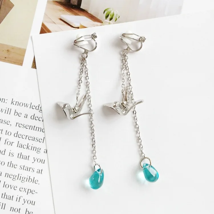 Clip Earrings-Blue Имитация родия маленькая птица синяя капля воды длинные серьги бумажный журавль Лес серии Кристалл Висячие Серьги - Окраска металла: Clip Earrings-Blue