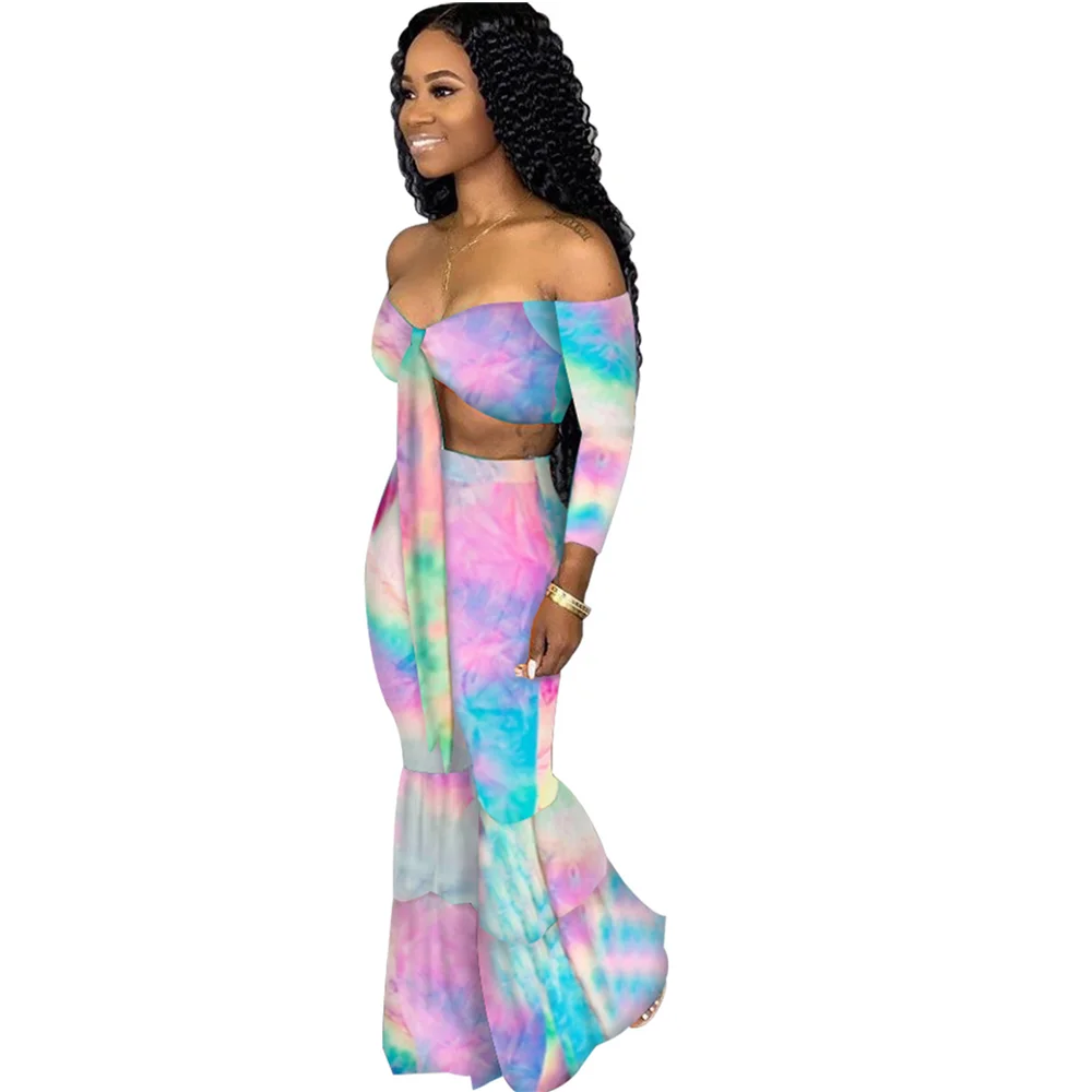 2019 women summer tie dye black hole galaxy up off the shoulder crop top flare long pants suit two piece set tracksuit K8803 | Женская