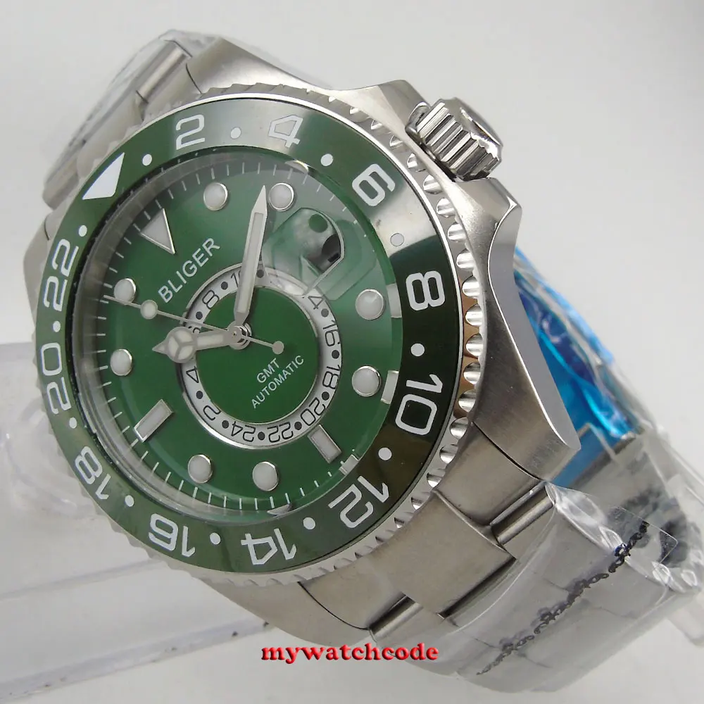 

43mm Bliger blue green black dial GMT sapphire crystal date automatic mens watch