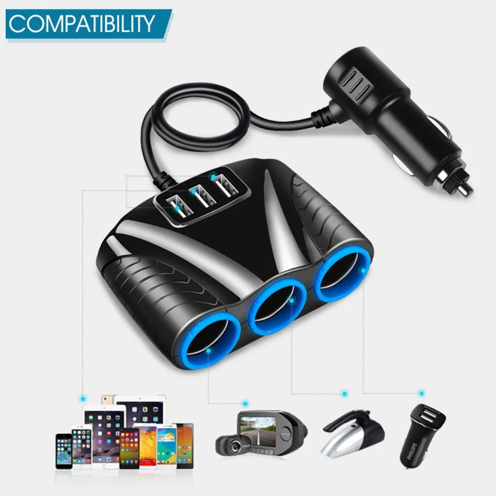 

3 Way Car Cigarette Lighter Socket Splitter Hub 3.1A 3 USB Car Charger 12V-24V Power Adapter 120W For iPad Mobile Phone