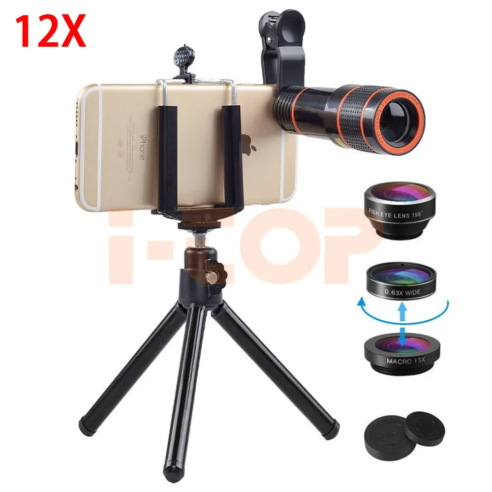 2018 HD 12X телеобъектив зум 198 рыбий глаз 0.63X широкоугольный 15X макро lentes для iPhone 6 6s 7 8