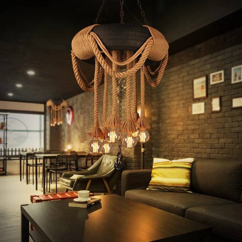저렴한 빈티지 미국 국가 대마 밧줄 타이어 펜 던 트 조명 매달려 램프 고무 바퀴 서 스 펜 션 홈 바 거실 조명